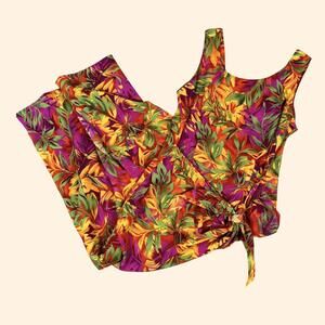 Women's Vintage Y2K Dress Barn Orange Tropical Print Faux Wrap Maxi Dress 10